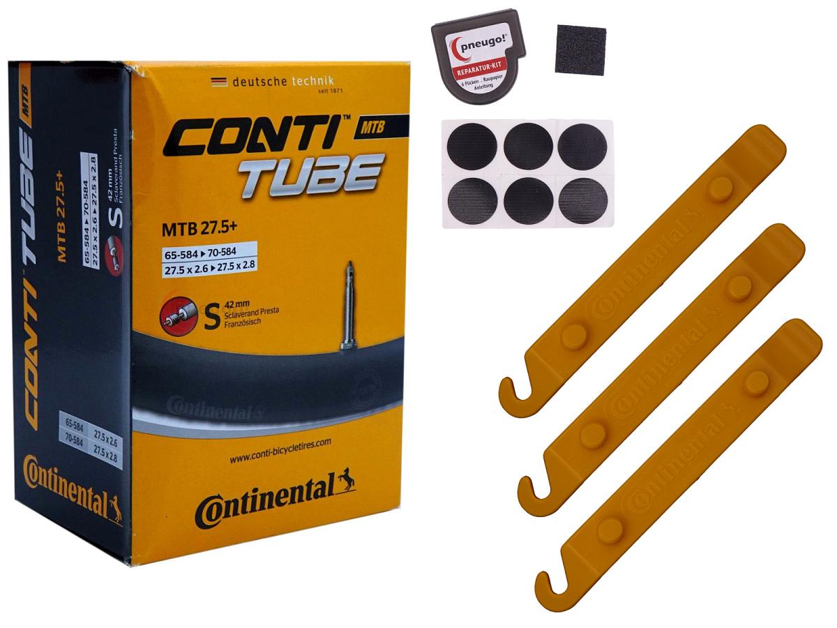 1x Fahrradschlauch Continental MTB 27.5 Wide 27.5 Zoll 65-584/70-584 Sclaverand-Ventil 42mm +3x Conti Reifenheber +pneugo! Reparatur-Kit