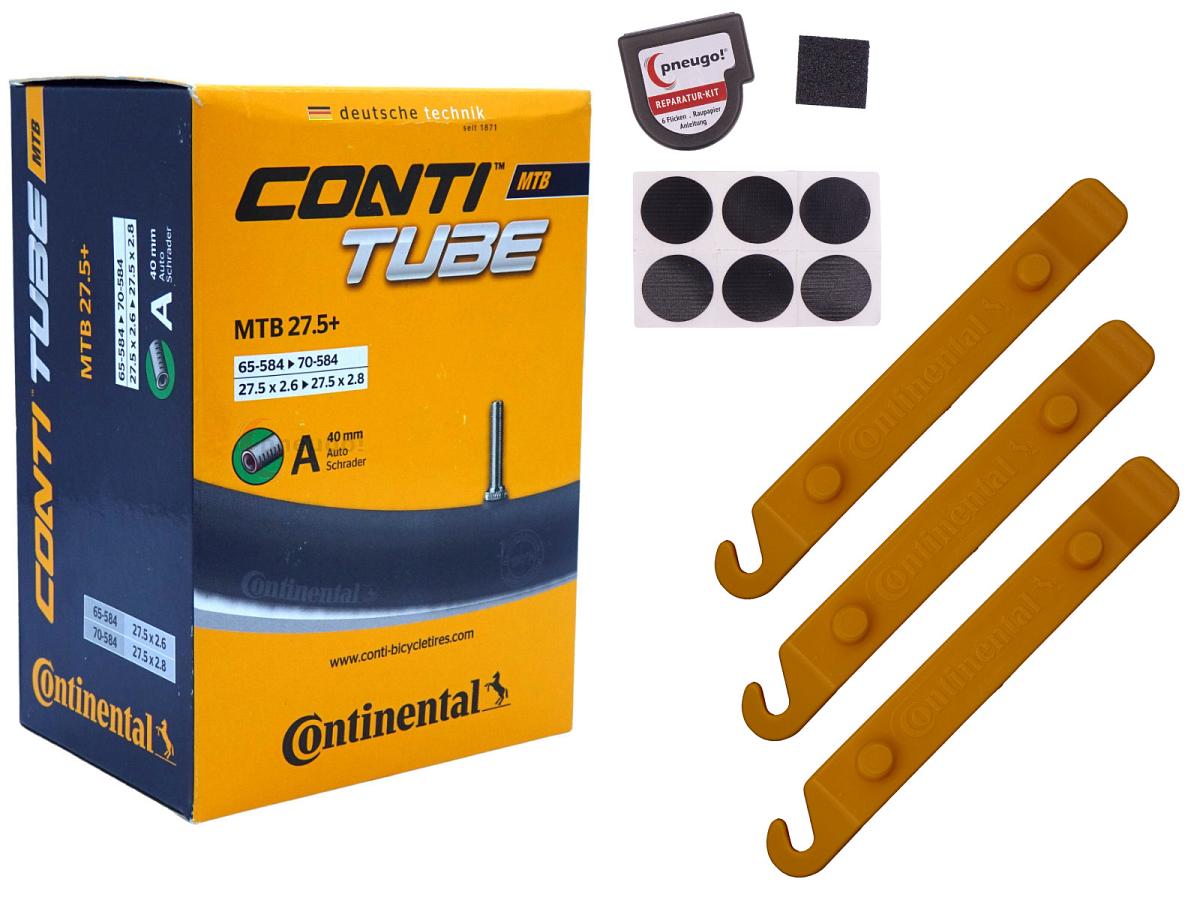 1x Fahrradschlauch Continental MTB 27.5 Wide 27.5 Zoll 65-584/70-584 Auto-Ventil 40mm +3x Conti Reifenheber +pneugo! Reparatur-Kit