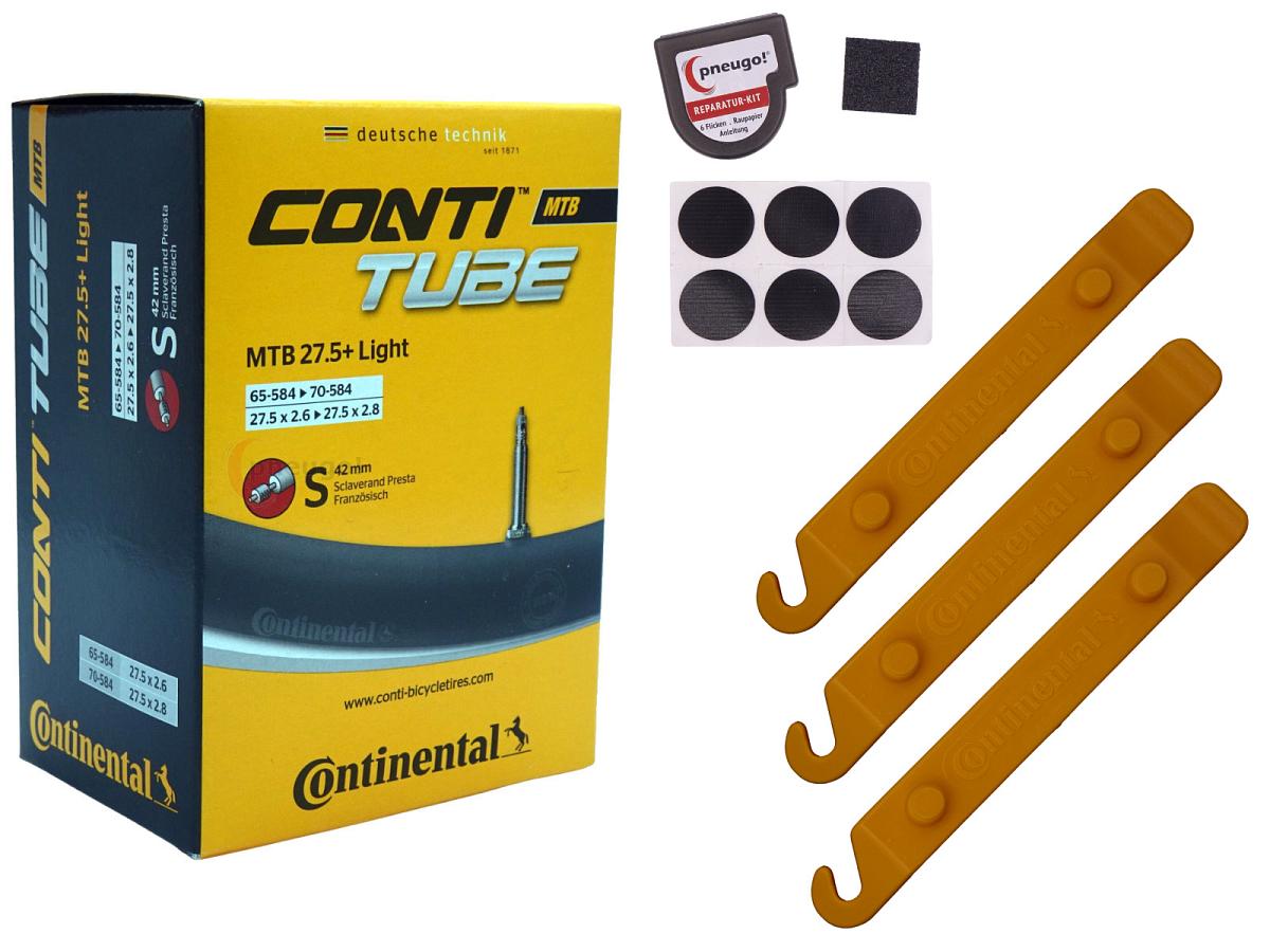 1x Fahrradschlauch Continental MTB 27.5 Wide Light 27.5 Zoll 65-584/70-584 Sclaverand-Ventil 42mm +3x Conti Reifenheber +pneugo! Reparatur-Kit