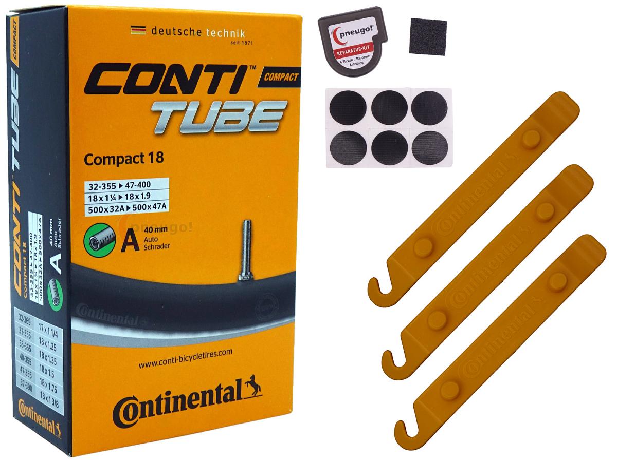 1x Fahrradschlauch Continental Compact 18 18 Zoll 32-355/47-355 Auto-Ventil 40mm +3x Conti Reifenheber +pneugo! Reparatur-Kit