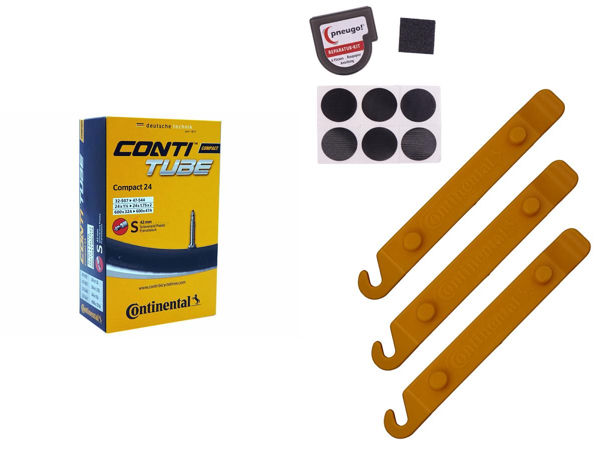 1x Fahrradschlauch Continental Compact 24 24 Zoll 32-507/47-554 Sclaverand-Ventil 42mm +3x Conti Reifenheber +pneugo! Reparatur-Kit