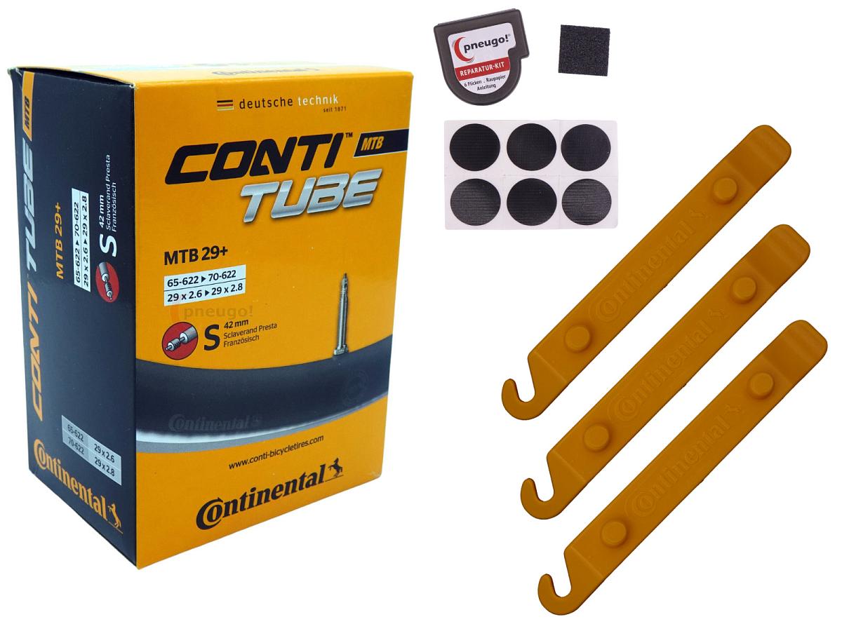 1x Fahrradschlauch Continental MTB 29 Wide 29 Zoll 65-622/70-622 Sclaverand-Ventil 42mm +3x Conti Reifenheber +pneugo! Reparatur-Kit