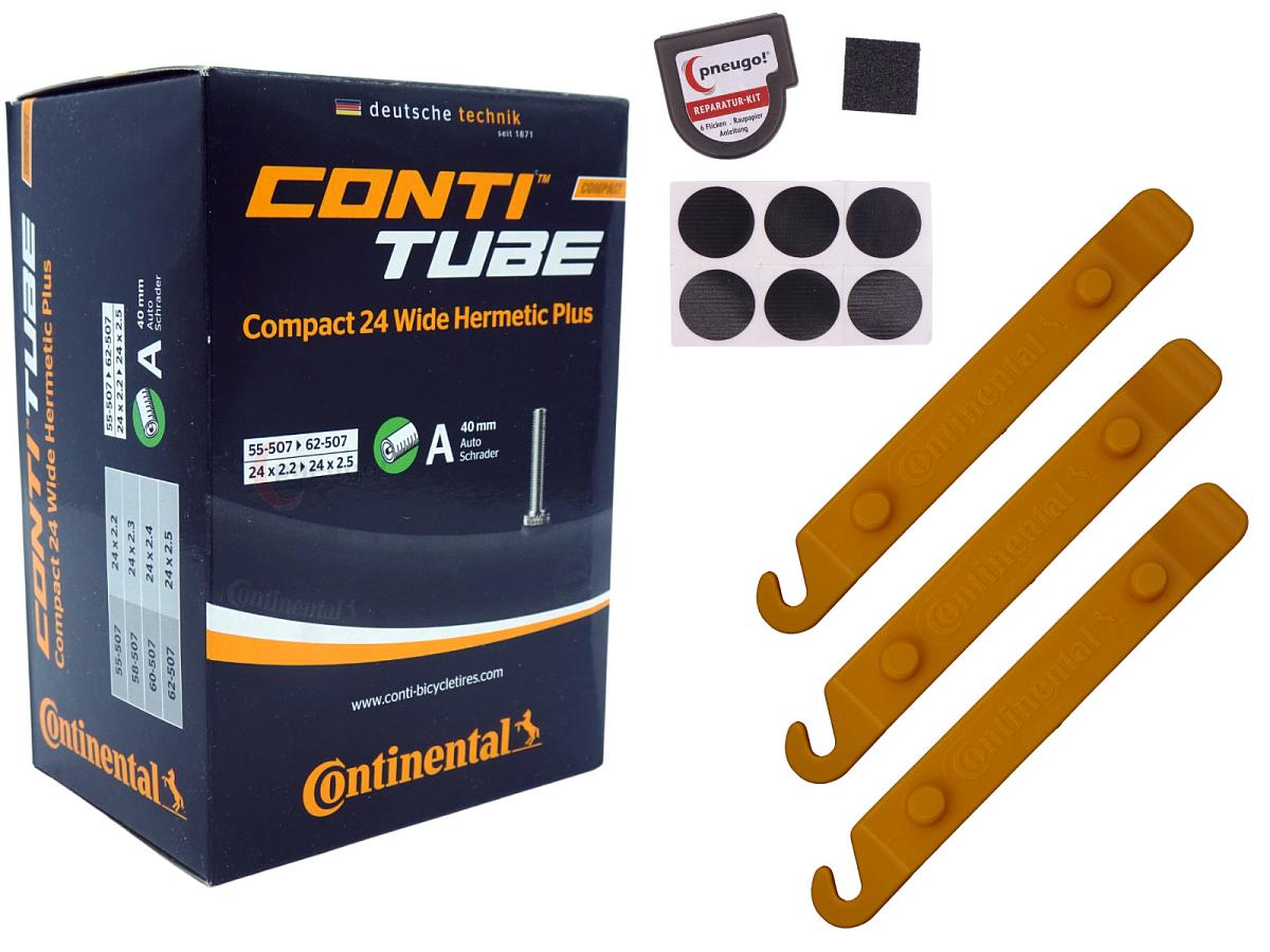 1x Fahrradschlauch Continental Hermetic Plus Compact 24 Wide 24 Zoll 55-507/62-507 Auto-Ventil 40mm +3x Conti Reifenheber +pneugo! Reparatur-Kit