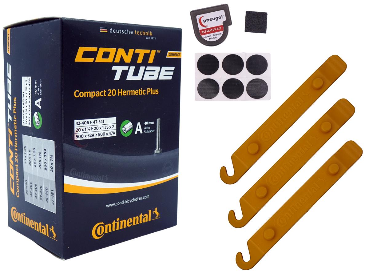 1x Fahrradschlauch Continental Hermetic Plus Compact 20 20 Zoll 35-406/47-406 Auto-Ventil 40mm +3x Conti Reifenheber +pneugo! Reparatur-Kit