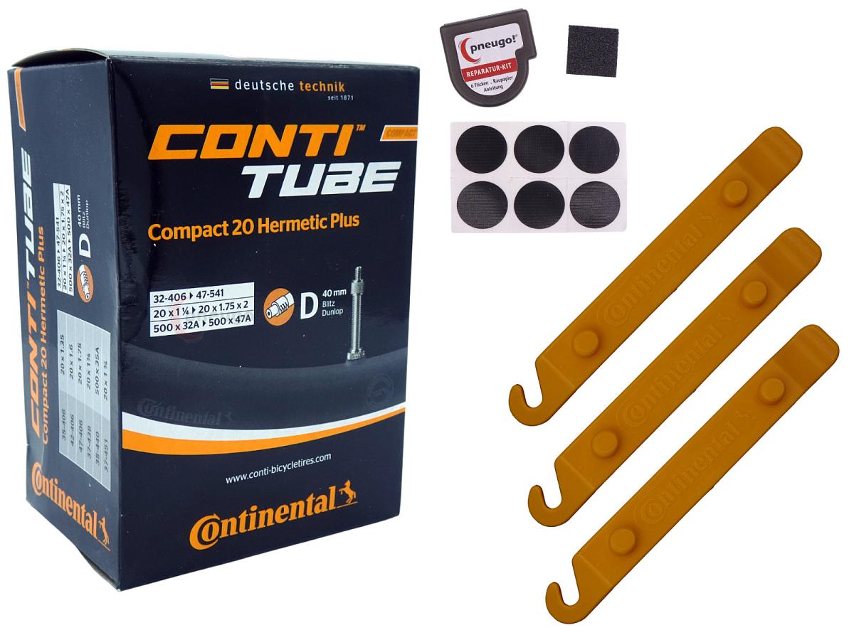 1x Fahrradschlauch Continental Hermetic Plus Compact 20 20 Zoll 35-406/47-406 Dunlop-Ventil 40mm +3x Conti Reifenheber +pneugo! Reparatur-Kit