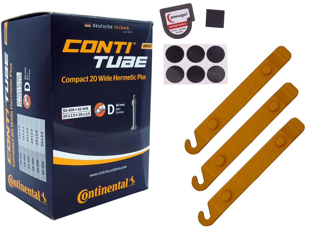 1x Fahrradschlauch Continental Hermetic Plus Compact 20 Wide 20 Zoll 50-406/62-406 Dunlop-Ventil 40mm +3x Conti Reifenheber +pneugo! Reparatur-Kit