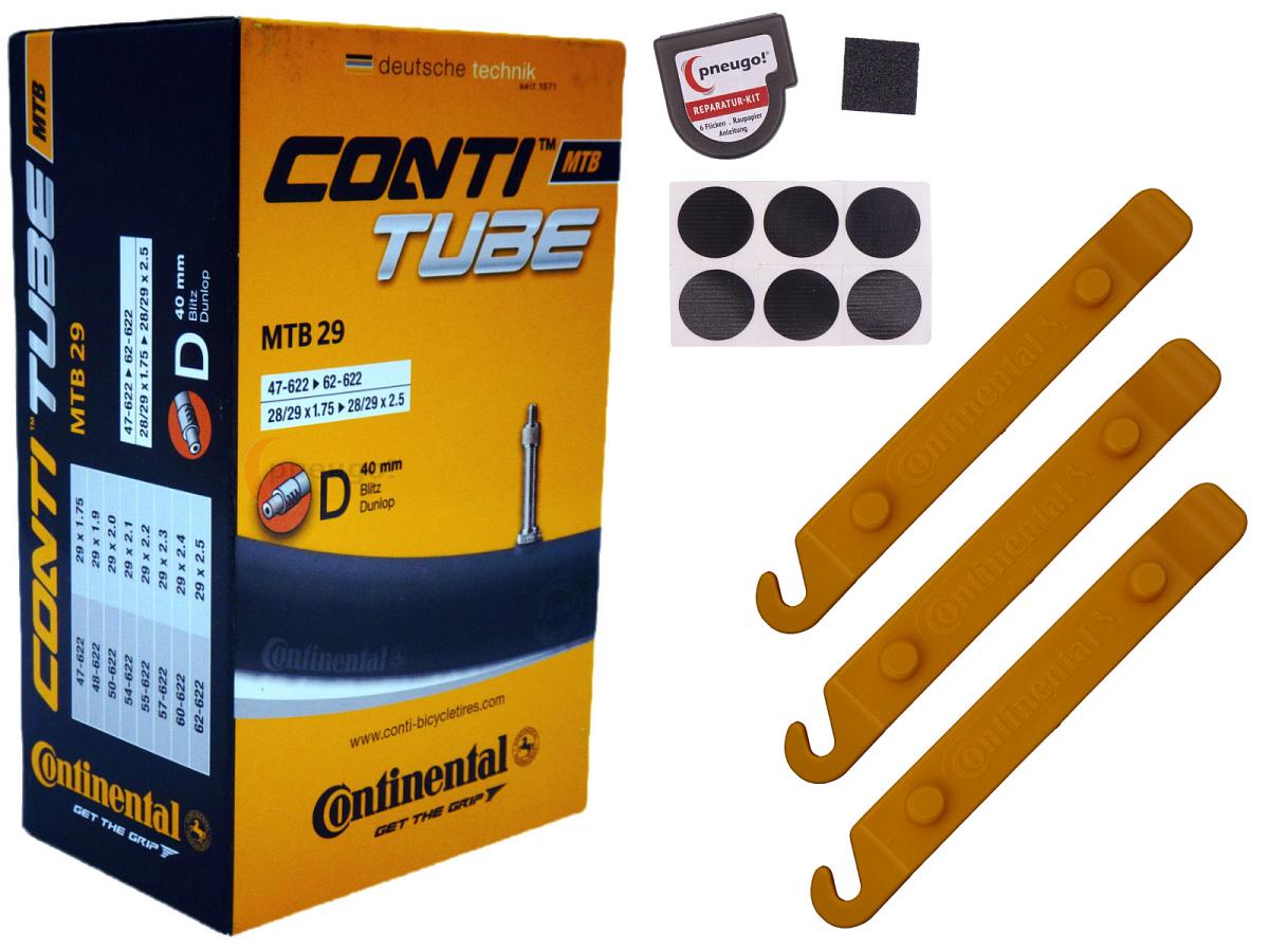 1x Fahrradschlauch Continental MTB 29 29 Zoll 47-622/62-622 Dunlop-Ventil 40mm +3x Conti Reifenheber +pneugo! Reparatur-Kit