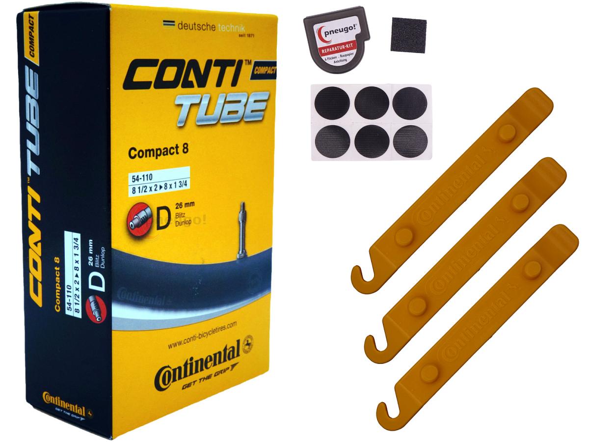 1x Fahrradschlauch Continental Compact 8 8 Zoll 54-110 Dunlop-Ventil 26mm +3x Conti Reifenheber +pneugo! Reparatur-Kit