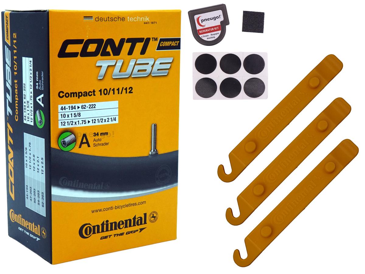 1x Fahrradschlauch Continental Compact 10/11/12 12 Zoll 44-194/62-203 Auto-Ventil 34mm +3x Conti Reifenheber +pneugo! Reparatur-Kit