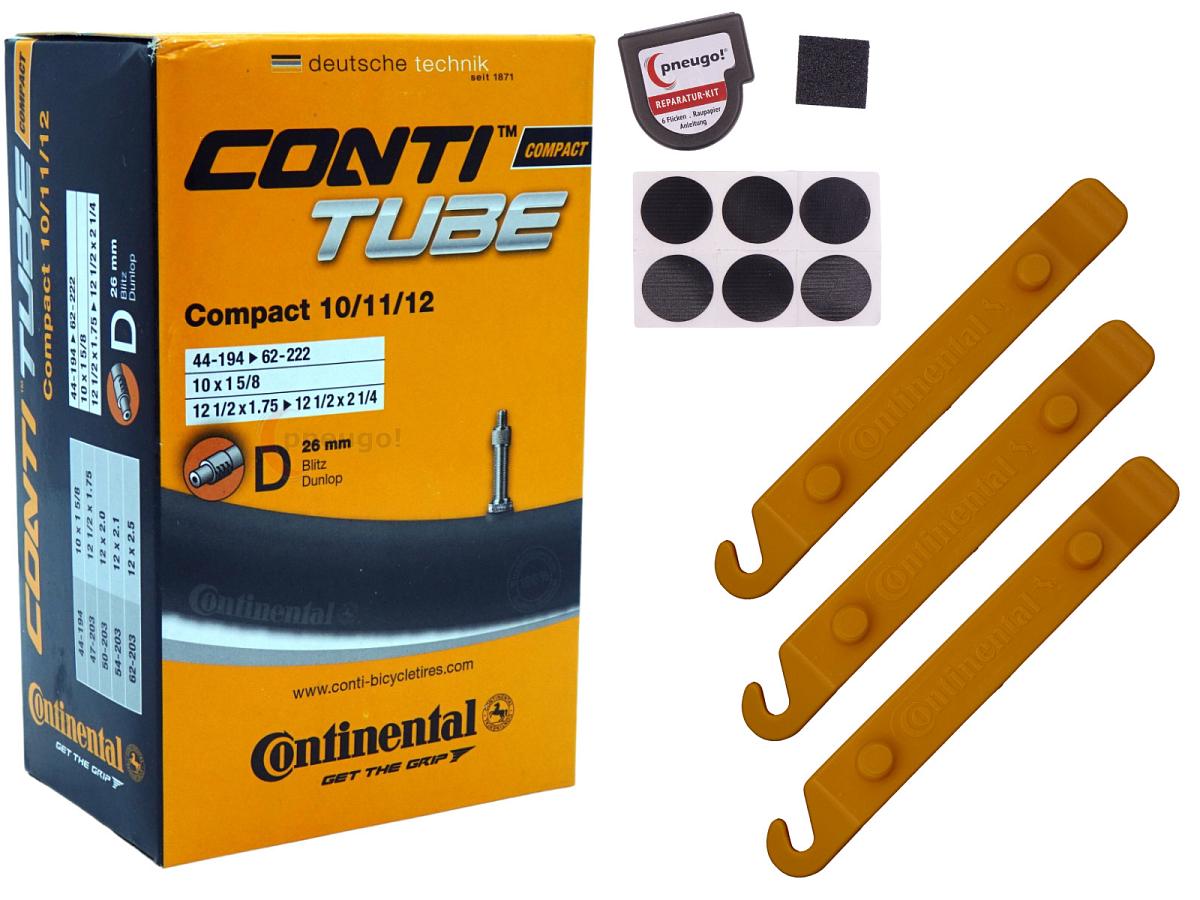 1x Fahrradschlauch Continental Compact 10/11/12 12 Zoll 44-194/62-222 Dunlop-Ventil 26mm +3x Conti Reifenheber +pneugo! Reparatur-Kit