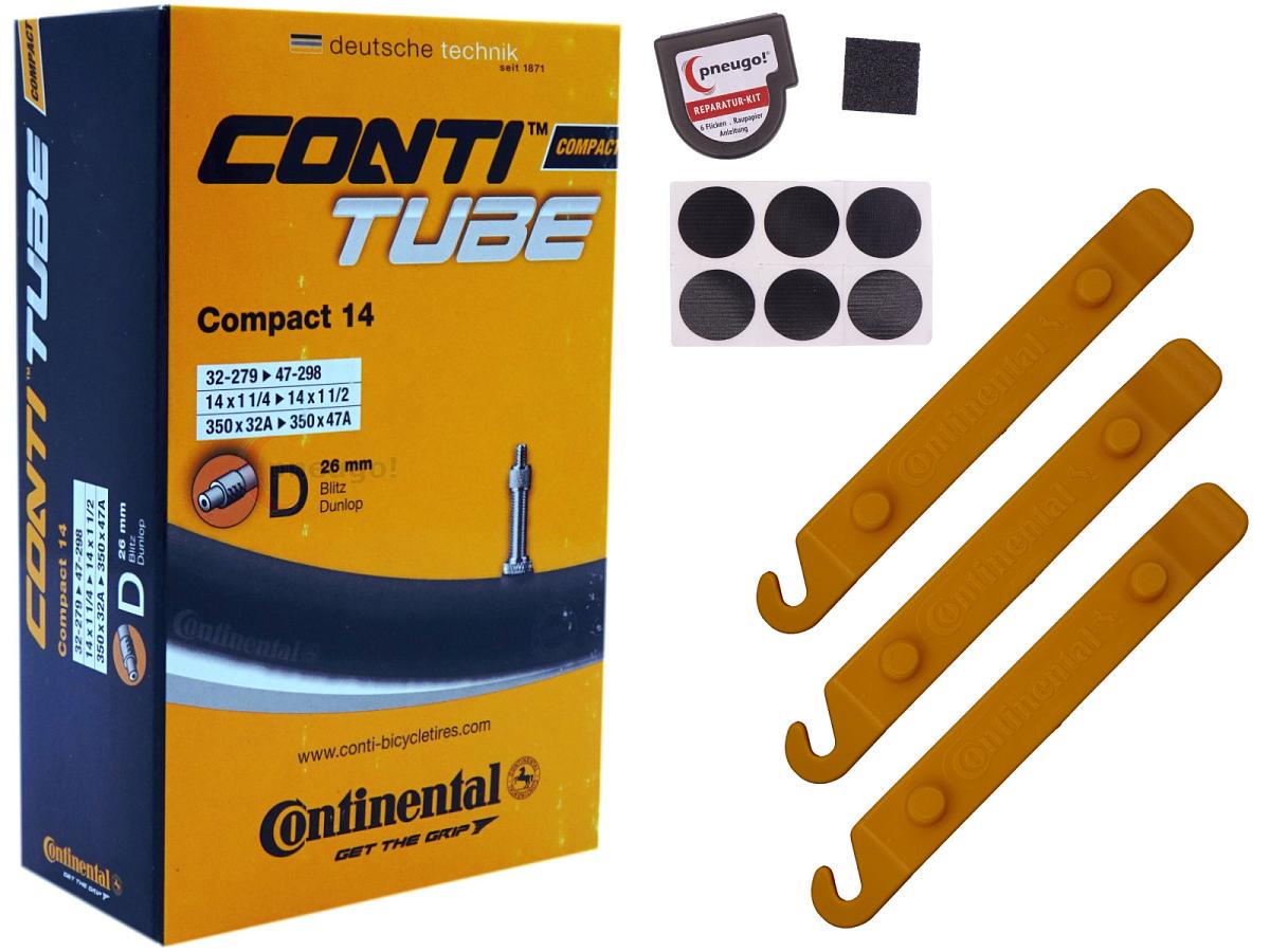 1x Fahrradschlauch Continental Compact 14 14 Zoll 32-279/47-298 Dunlop-Ventil 26mm +3x Conti Reifenheber +pneugo! Reparatur-Kit