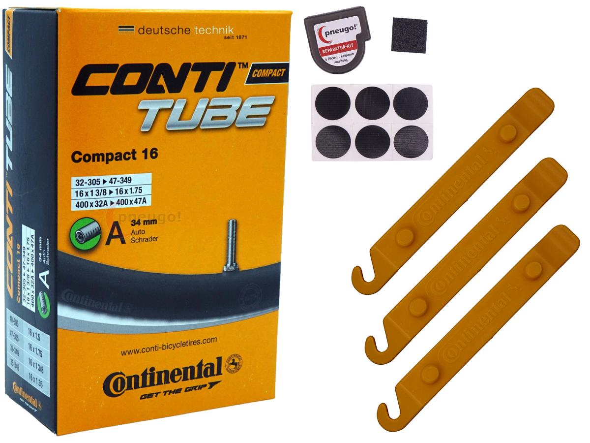 1x Fahrradschlauch Continental Compact 16 16 Zoll 32-305/47-349 Auto-Ventil 34mm +3x Conti Reifenheber +pneugo! Reparatur-Kit