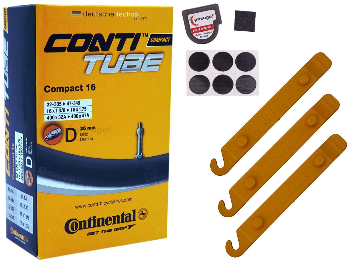 1x Fahrradschlauch Continental Compact 16 16 Zoll 32-305/47-349 Dunlop-Ventil 26mm +3x Conti Reifenheber +pneugo! Reparatur-Kit