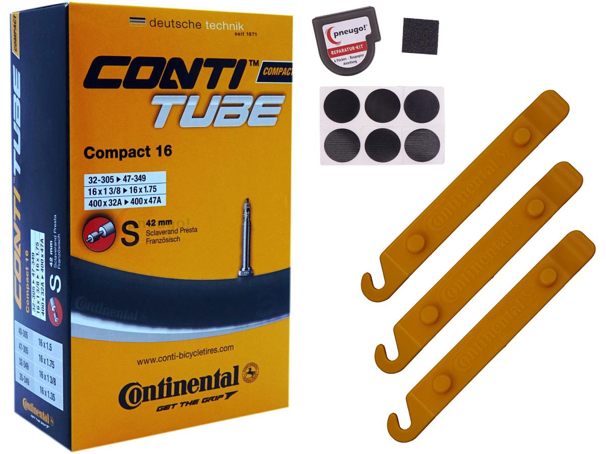 1x Fahrradschlauch Continental Compact 16 16 Zoll 32-305/47-305 Sclaverand-Ventil 42mm +3x Conti Reifenheber +pneugo! Reparatur-Kit