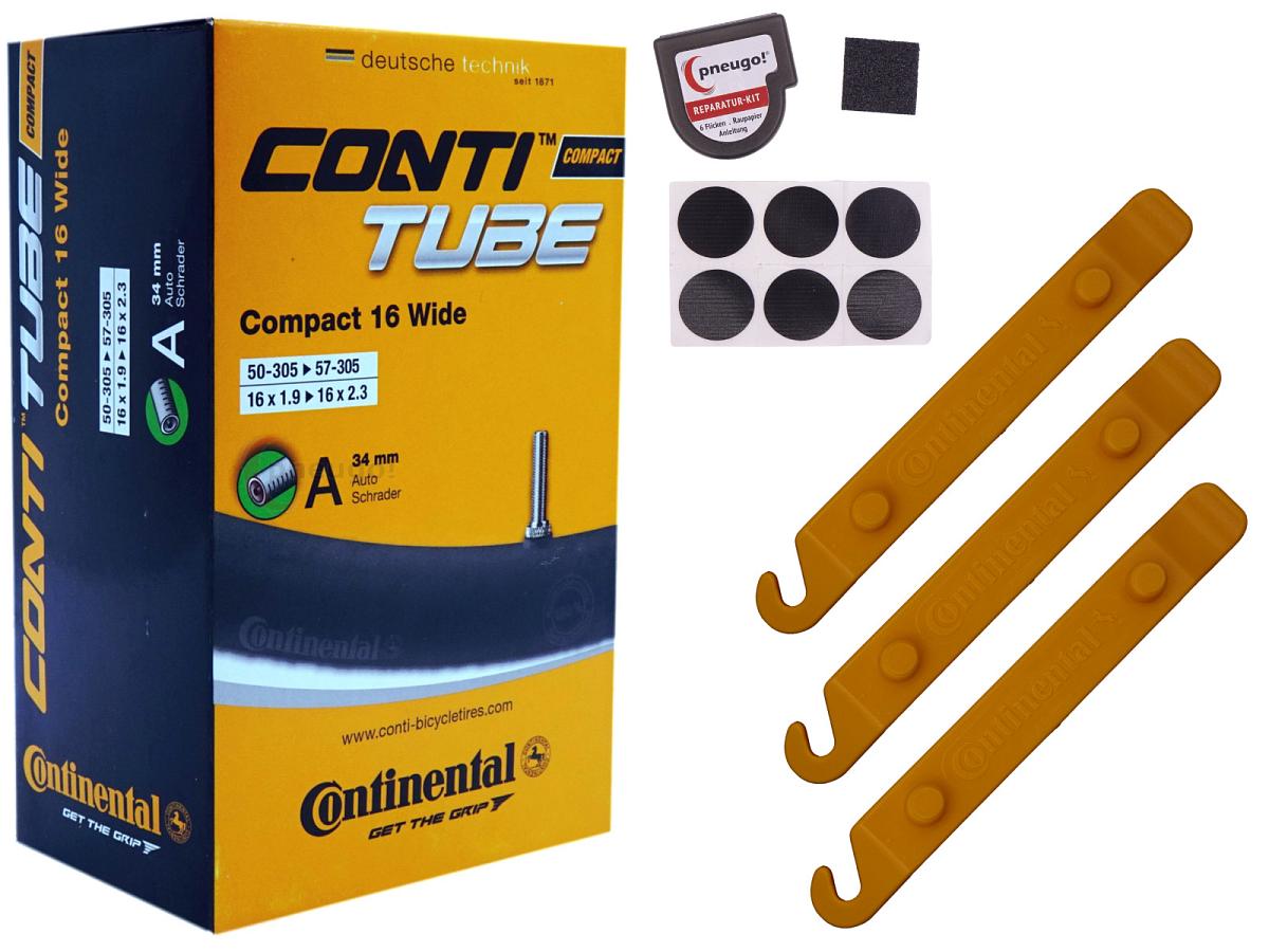 1x Fahrradschlauch Continental Compact 16 Wide 16 Zoll 50-305/57-305 Auto-Ventil 34mm +3x Conti Reifenheber +pneugo! Reparatur-Kit