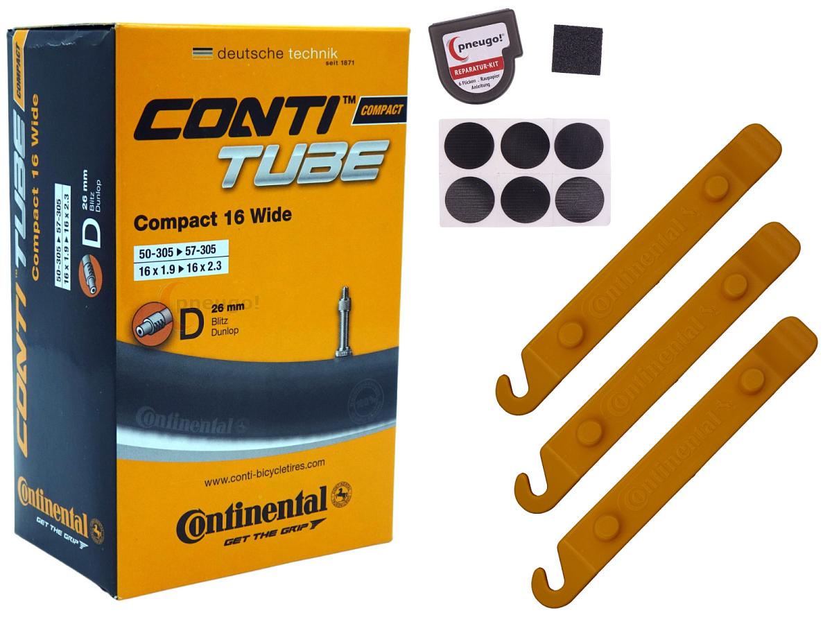 1x Fahrradschlauch Continental Compact 16 Wide 16 Zoll 50-305/57-305 Dunlop-Ventil 26mm +3x Conti Reifenheber +pneugo! Reparatur-Kit