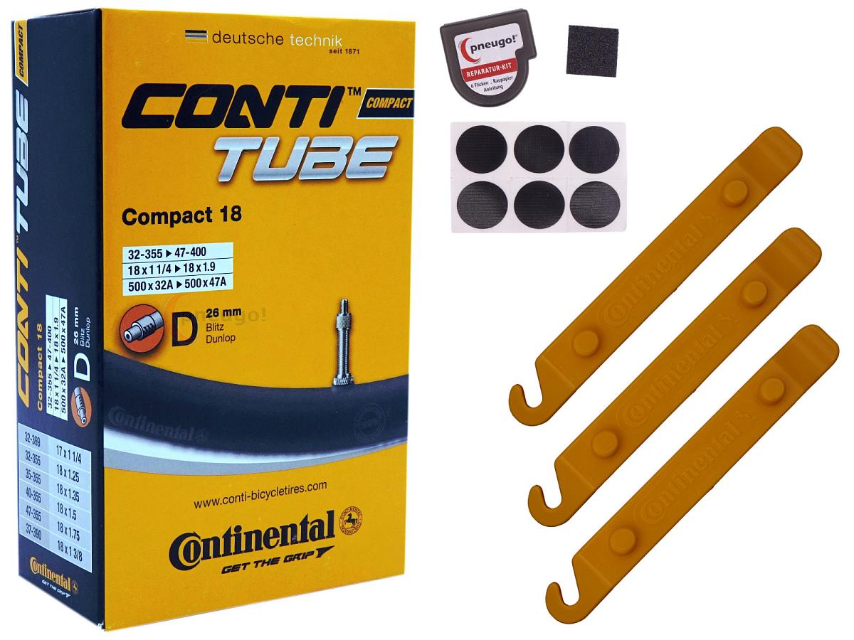 1x Fahrradschlauch Continental Compact 18 18 Zoll 32-355/47-400 Dunlop-Ventil 26mm +3x Conti Reifenheber +pneugo! Reparatur-Kit