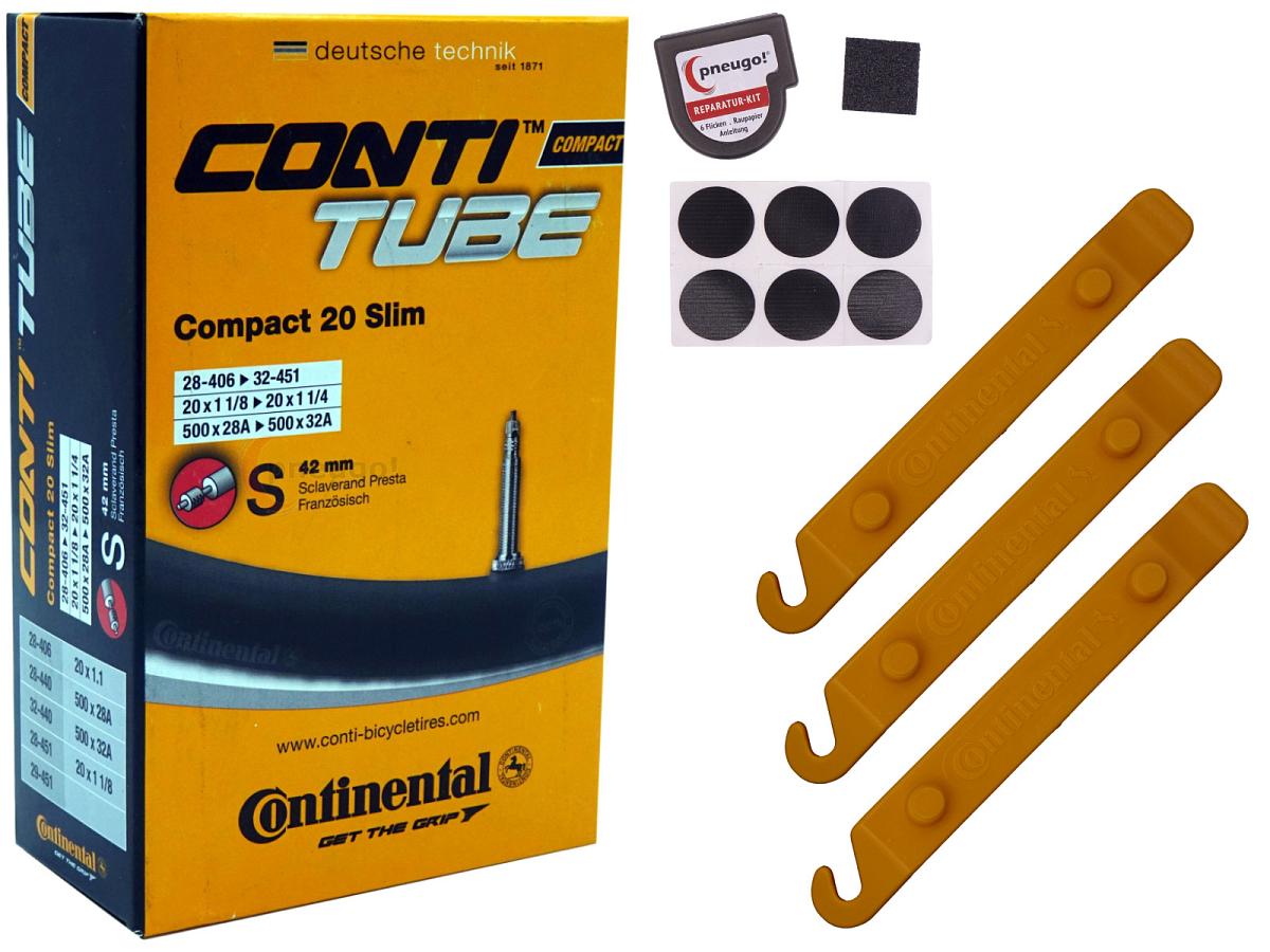 1x Fahrradschlauch Continental Compact 20 Slim 20 Zoll 28-406/32-440 Sclaverand-Ventil 42mm +3x Conti Reifenheber +pneugo! Reparatur-Kit