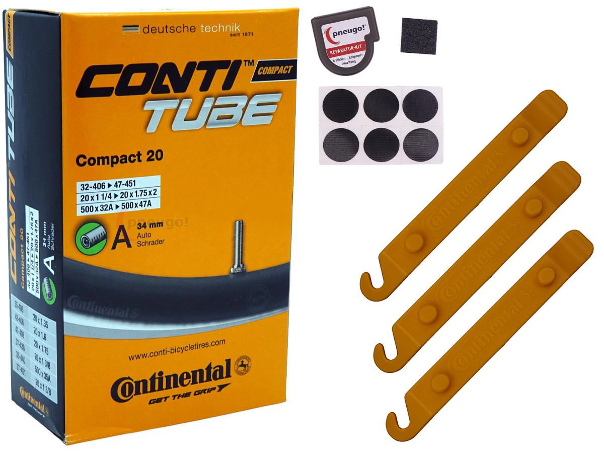 1x Fahrradschlauch Continental Compact 20 20 Zoll 35-406/47-406 Auto-Ventil 34mm +3x Conti Reifenheber +pneugo! Reparatur-Kit