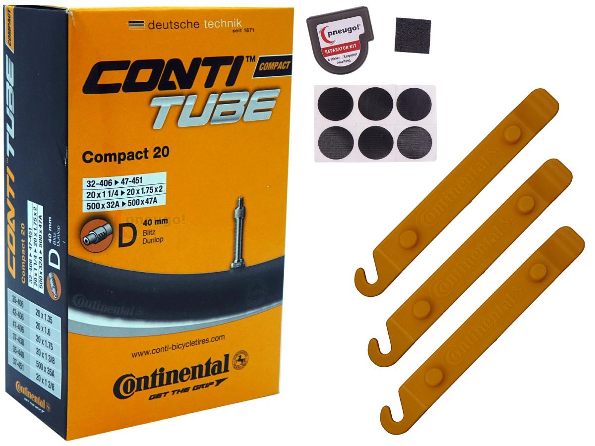 1x Fahrradschlauch Continental Compact 20 20 Zoll 32-451/47-451 Dunlop-Ventil 40mm +3x Conti Reifenheber +pneugo! Reparatur-Kit