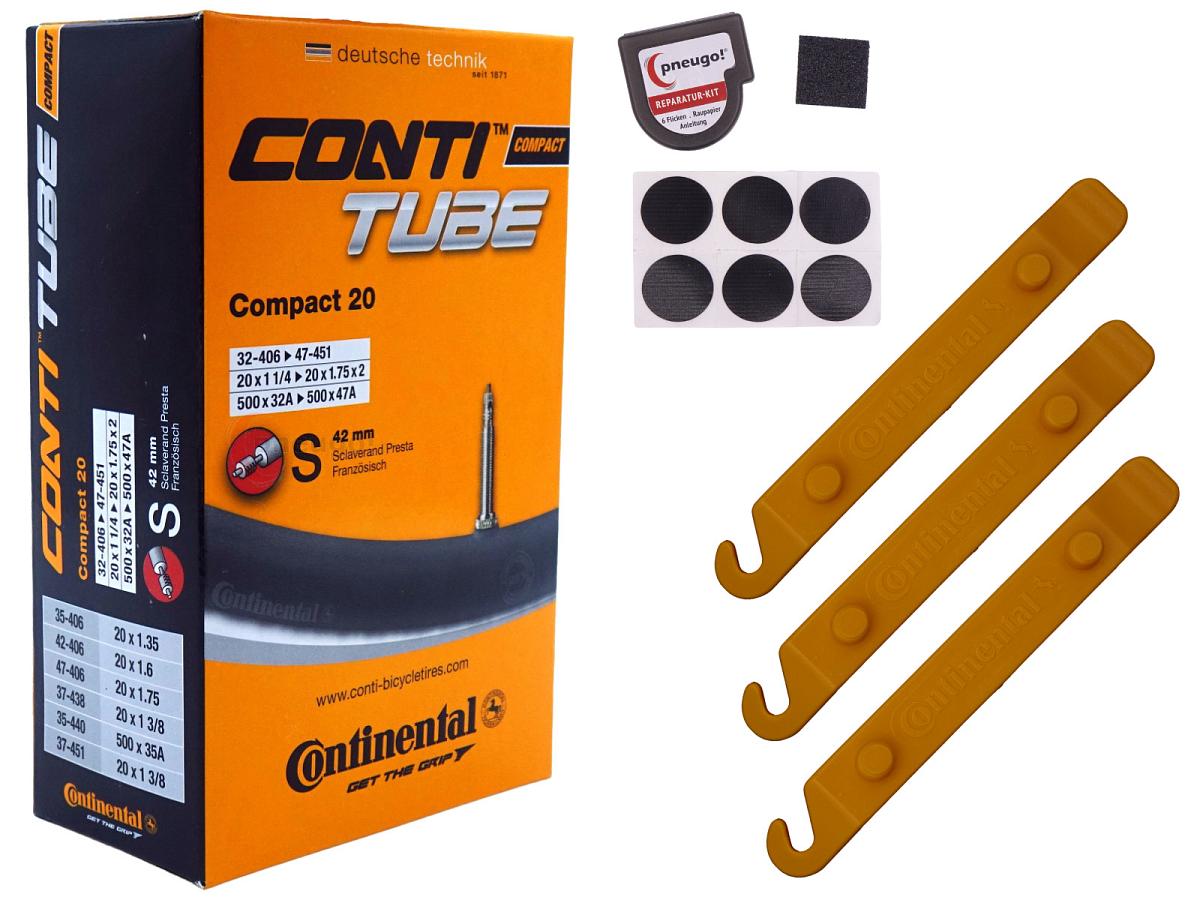 1x Fahrradschlauch Continental Compact 20 20 Zoll 35-406/47-406 Sclaverand-Ventil 42mm +3x Conti Reifenheber +pneugo! Reparatur-Kit