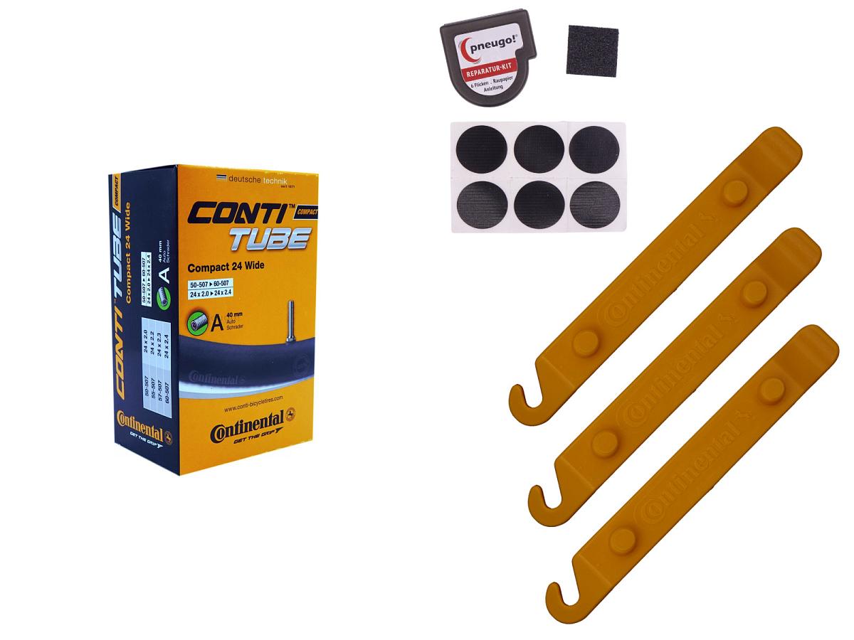 1x Fahrradschlauch Continental Compact 24 Wide 24 Zoll 50-507/60-507 Auto-Ventil 40mm +3x Conti Reifenheber +pneugo! Reparatur-Kit