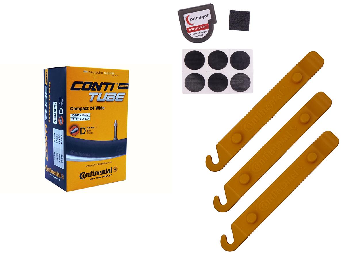 1x Fahrradschlauch Continental Compact 24 Wide 24 Zoll 50-507/60-507 Dunlop-Ventil 40mm +3x Conti Reifenheber +pneugo! Reparatur-Kit