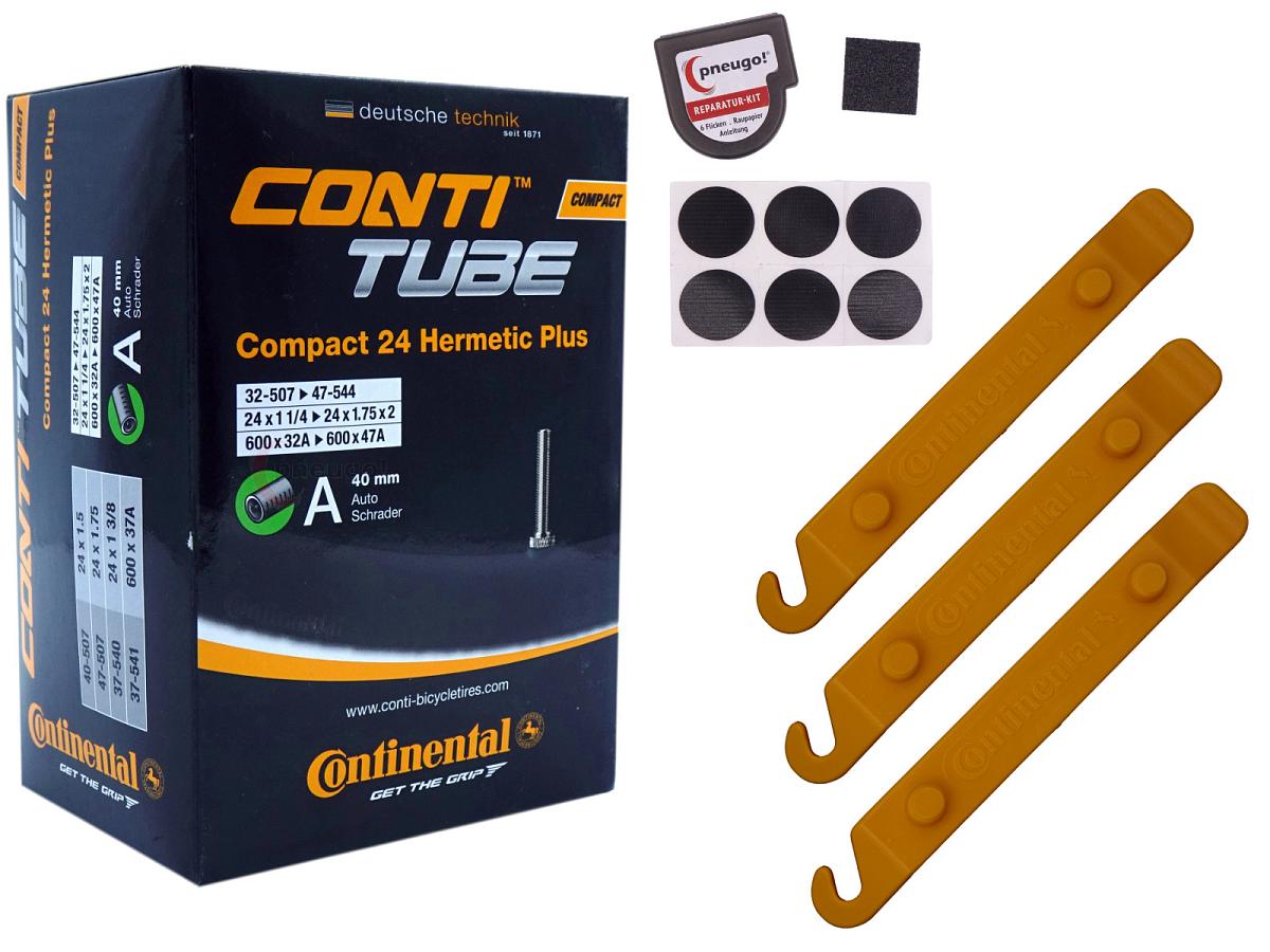 1x Fahrradschlauch Continental Hermetic Plus Compact 24 24 Zoll 32-507/47-544 Auto-Ventil 40mm +3x Conti Reifenheber +pneugo! Reparatur-Kit