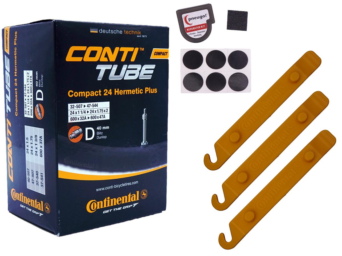 1x Fahrradschlauch Continental Hermetic Plus Compact 24 24 Zoll 37-540/47-507 Dunlop-Ventil 40mm +3x Conti Reifenheber +pneugo! Reparatur-Kit