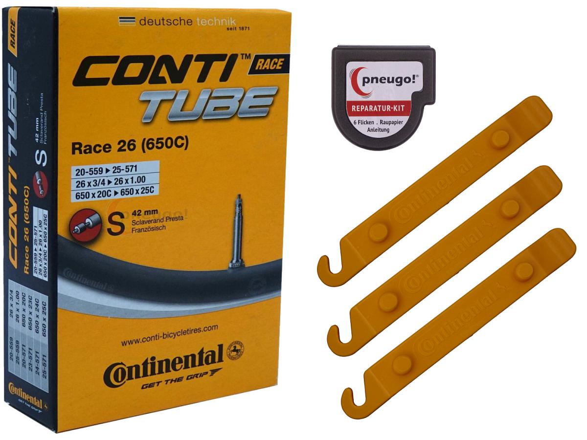 1x Fahrradschlauch Continental Race 26 26 Zoll 20-559/25-571 Sclaverand-Ventil 42mm +3x Conti Reifenheber +pneugo! Reparatur-Kit