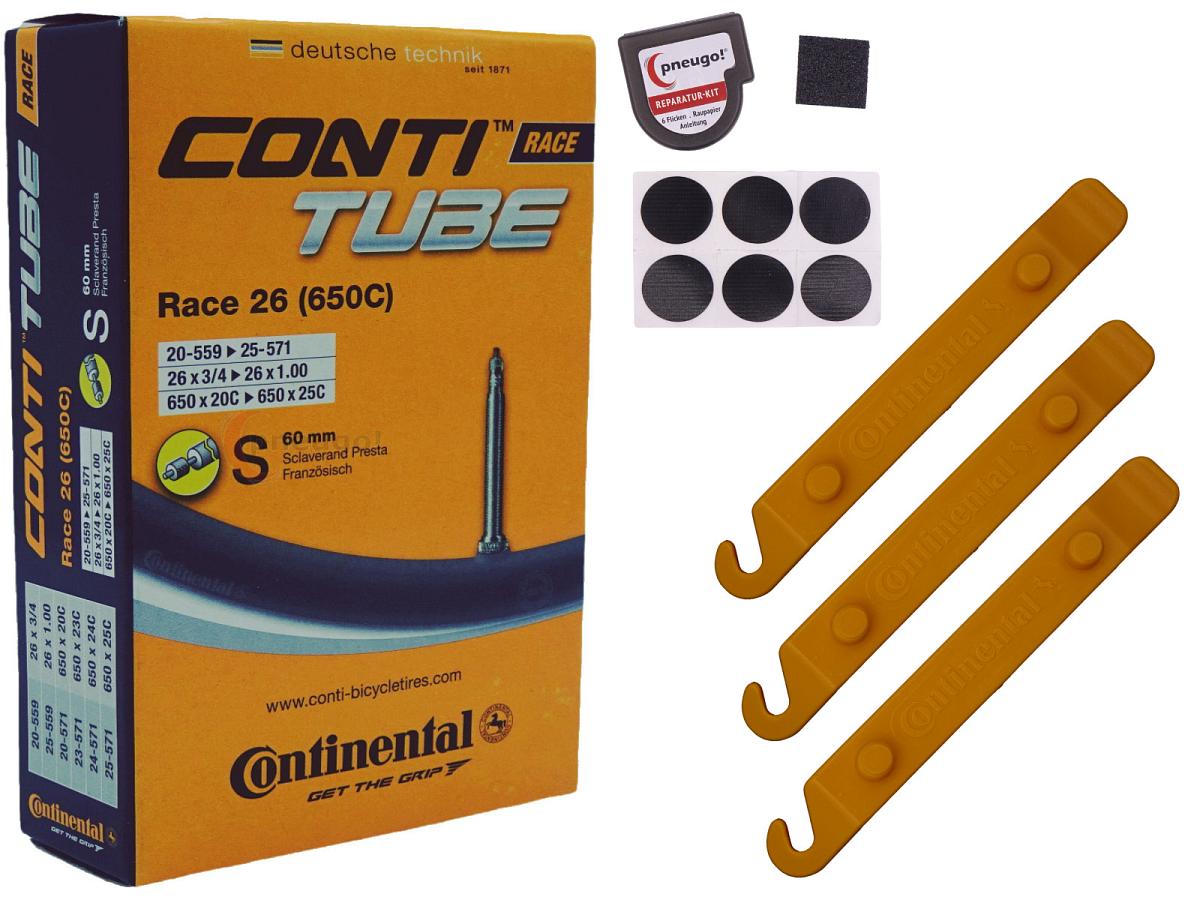 1x Fahrradschlauch Continental Race 26 26 Zoll 20-559/25-571 Sclaverand-Ventil 60mm +3x Conti Reifenheber +pneugo! Reparatur-Kit