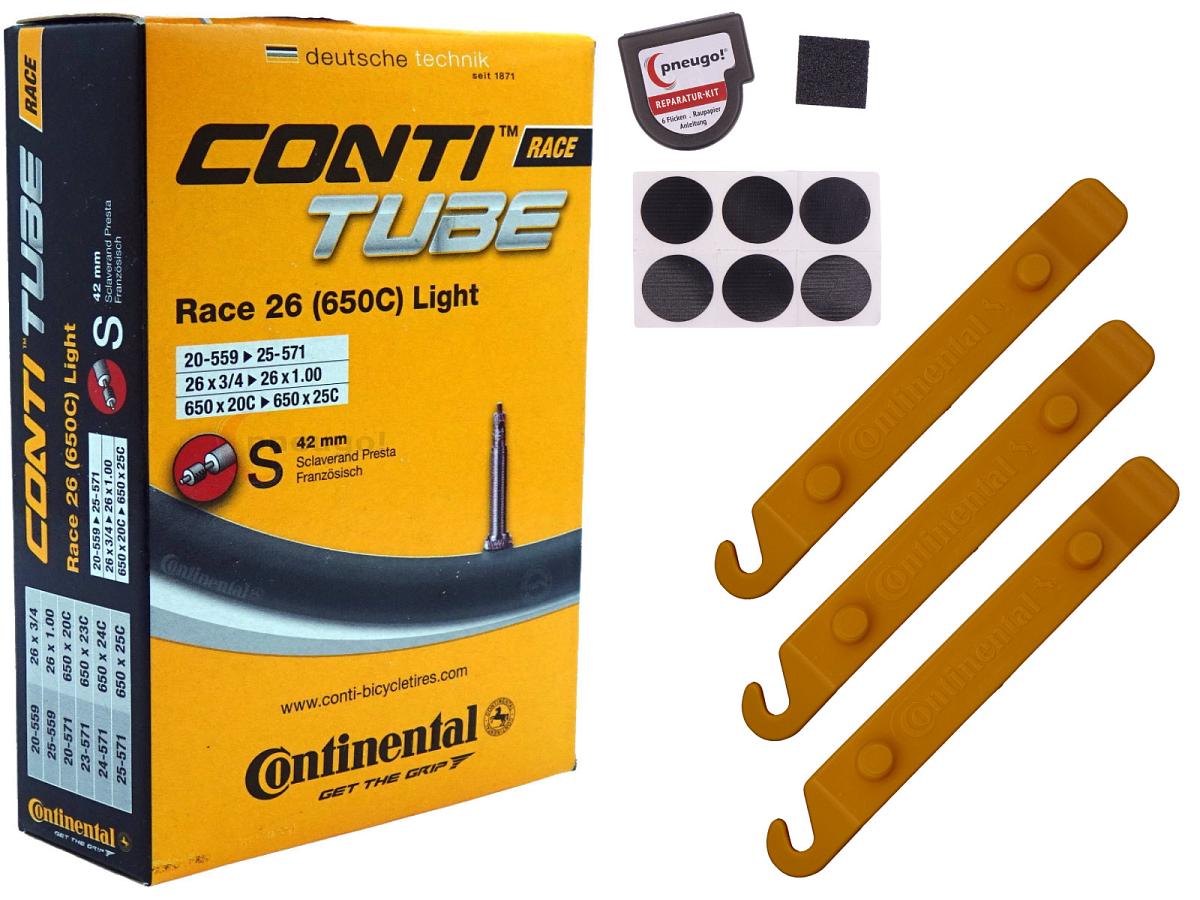 1x Fahrradschlauch Continental Race 26 Light 26 Zoll 20-559/25-571 Sclaverand-Ventil 42mm +3x Conti Reifenheber +pneugo! Reparatur-Kit