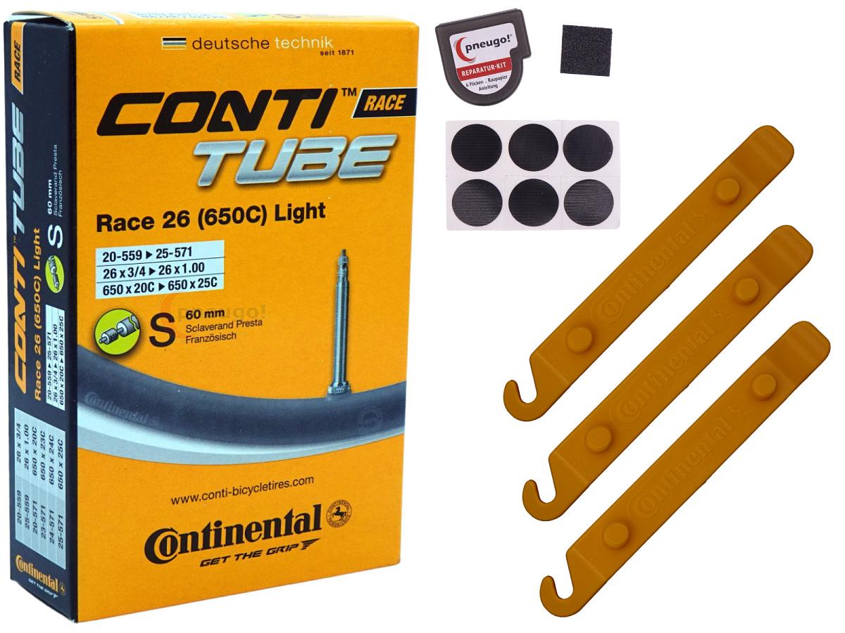 1x Fahrradschlauch Continental Race 26 Light 26 Zoll 20-559/25-571 Sclaverand-Ventil 60mm +3x Conti Reifenheber +pneugo! Reparatur-Kit