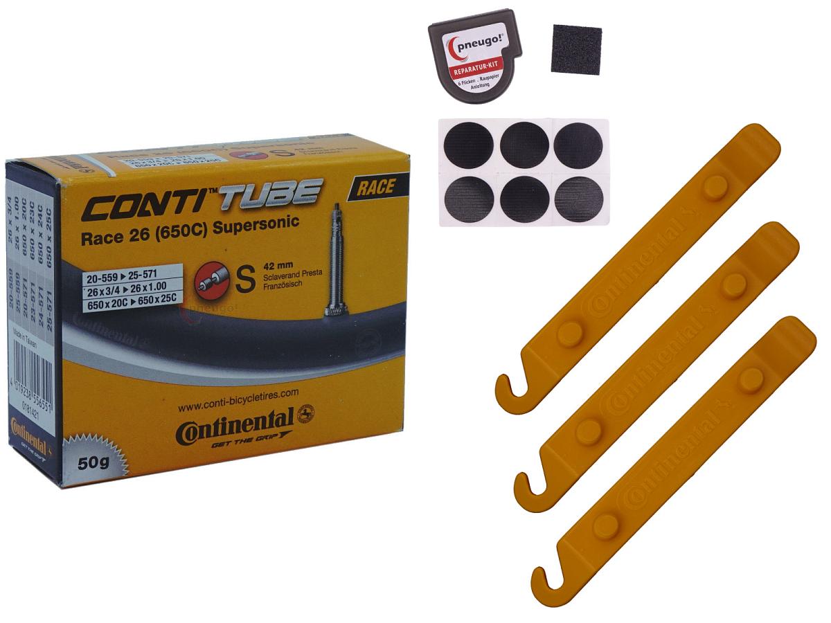 1x Fahrradschlauch Continental Race 26 Supersonic 26 Zoll 20-559/25-571 Sclaverand-Ventil 42mm +3x Conti Reifenheber +pneugo! Reparatur-Kit