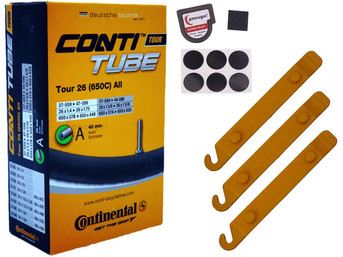 1x Fahrradschlauch Continental Tour 26 All 26 Zoll 37-559/47-571 Auto-Ventil 40mm +3x Conti Reifenheber +pneugo! Reparatur-Kit