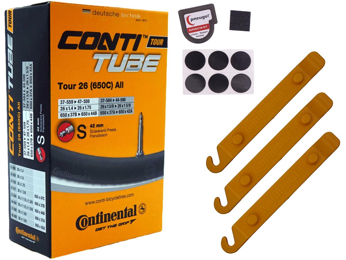 1x Fahrradschlauch Continental Tour 26 All 26 Zoll 37-559/47-571 Sclaverand-Ventil 42mm +3x Conti Reifenheber +pneugo! Reparatur-Kit