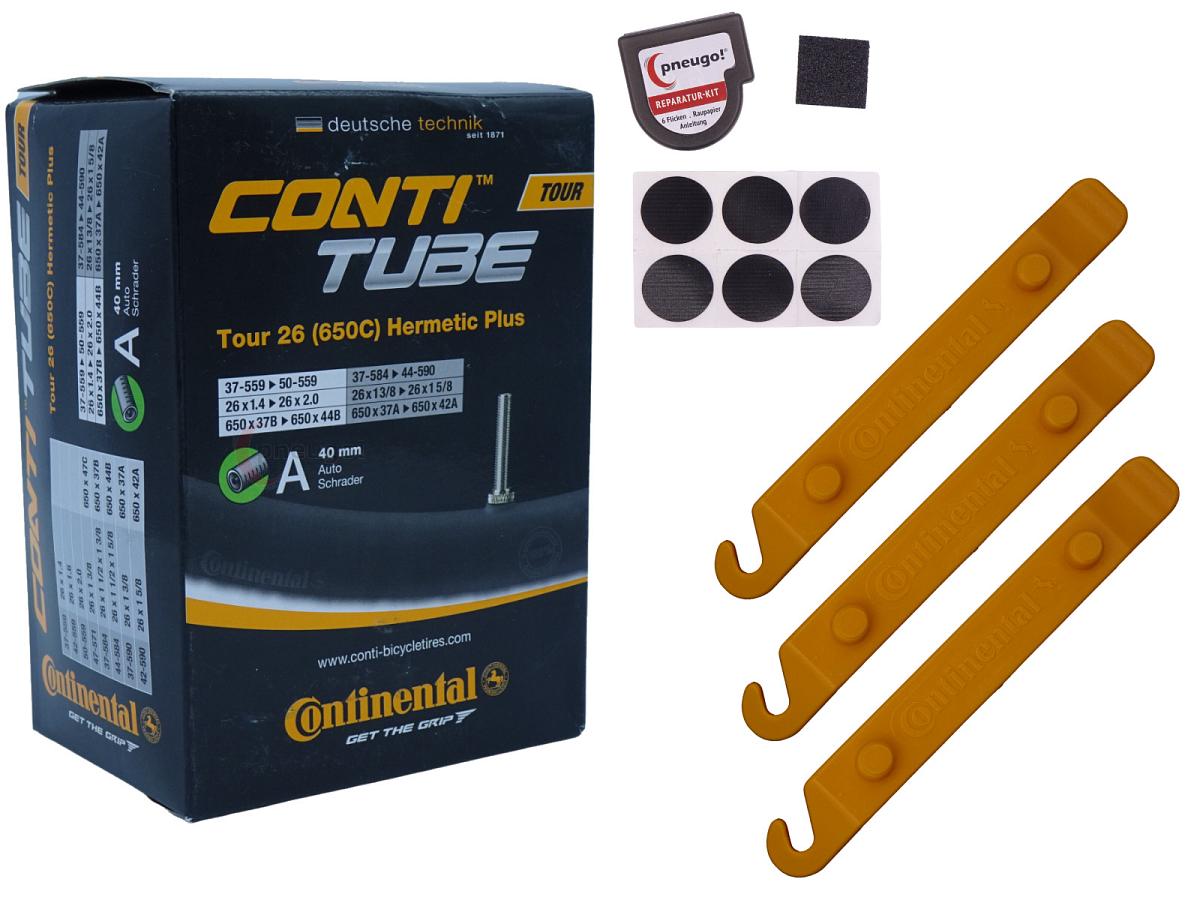 1x Fahrradschlauch Continental Hermetic Plus Tour 26 All 26 Zoll 37-559/50-559 Auto-Ventil 40mm +3x Conti Reifenheber +pneugo! Reparatur-Kit