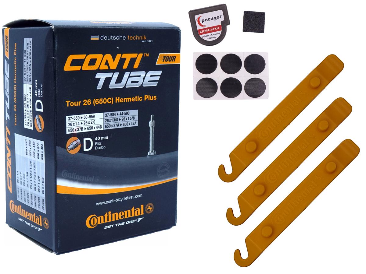 1x Fahrradschlauch Continental Hermetic Plus Tour 26 All 26 Zoll 37-559/50-559 Dunlop-Ventil 40mm +3x Conti Reifenheber +pneugo! Reparatur-Kit