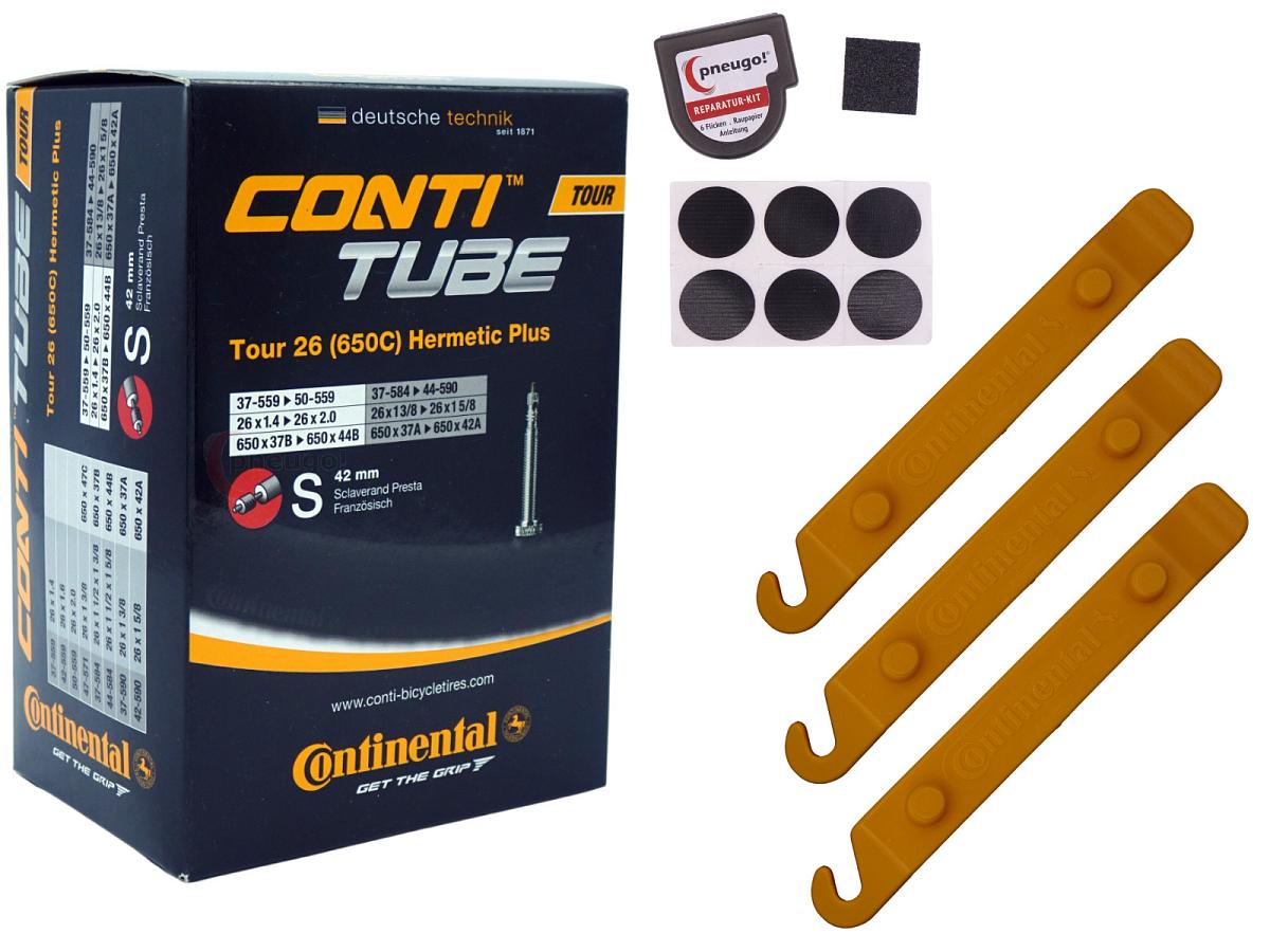 1x Fahrradschlauch Continental Hermetic Plus Tour 26 All 26 Zoll 37-559/50-559 Sclaverand-Ventil 42mm +3x Conti Reifenheber +pneugo! Reparatur-Kit