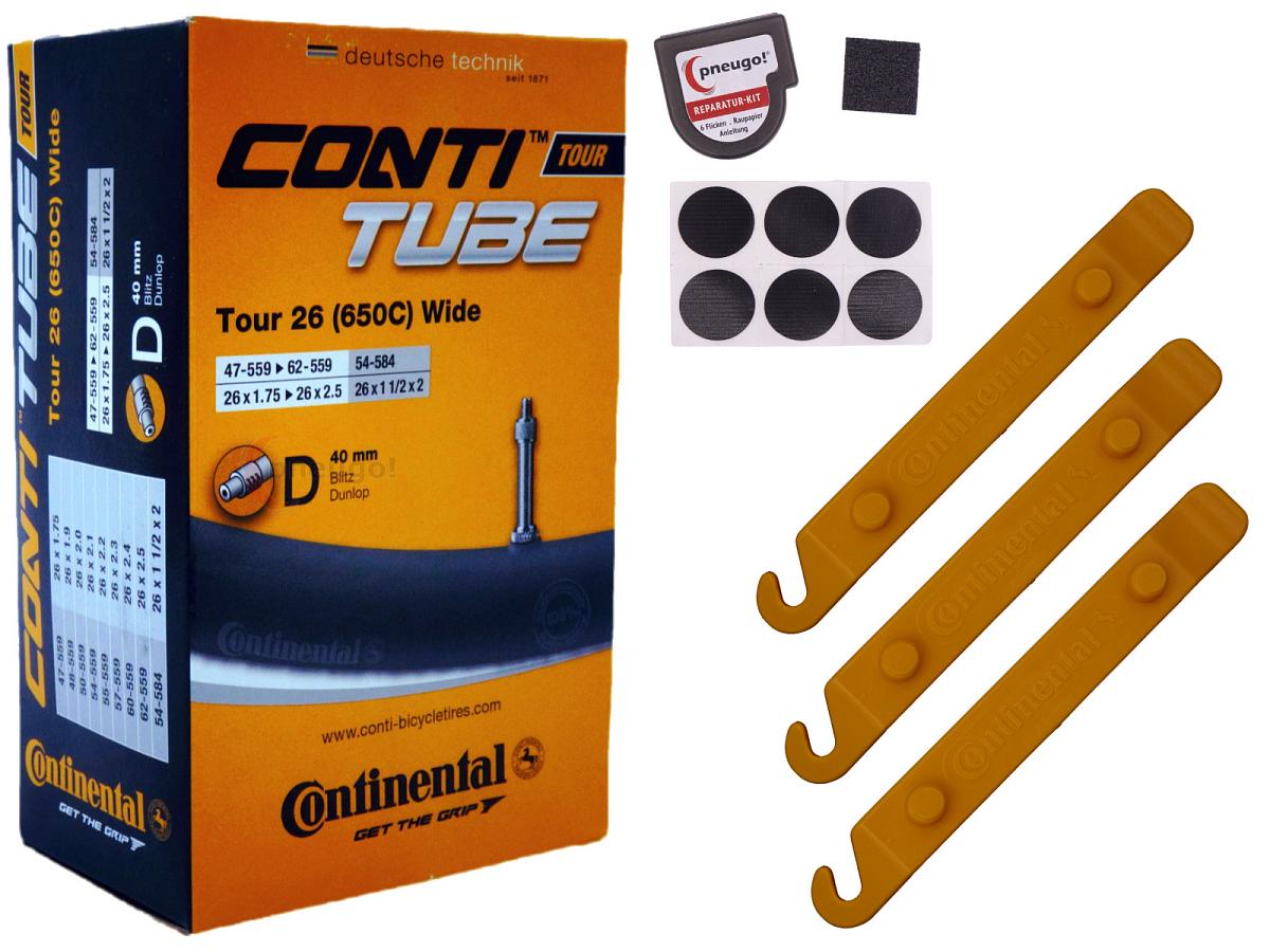 1x Fahrradschlauch Continental Tour 26 Wide 26 Zoll 47-559/62-559 Dunlop-Ventil 40mm +3x Conti Reifenheber +pneugo! Reparatur-Kit