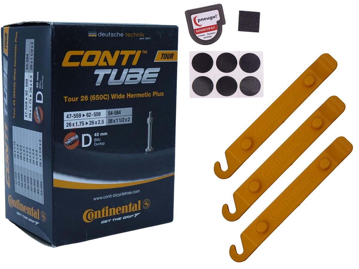 1x Fahrradschlauch Continental Hermetic Plus Tour 26 Wide 26 Zoll 47-559/62-559 Dunlop-Ventil 40mm +3x Conti Reifenheber +pneugo! Reparatur-Kit