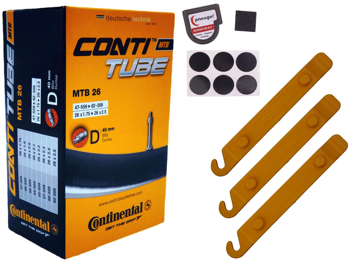 1x Fahrradschlauch Continental MTB 26 26 Zoll 47-559/62-559 Dunlop-Ventil 40mm +3x Conti Reifenheber +pneugo! Reparatur-Kit