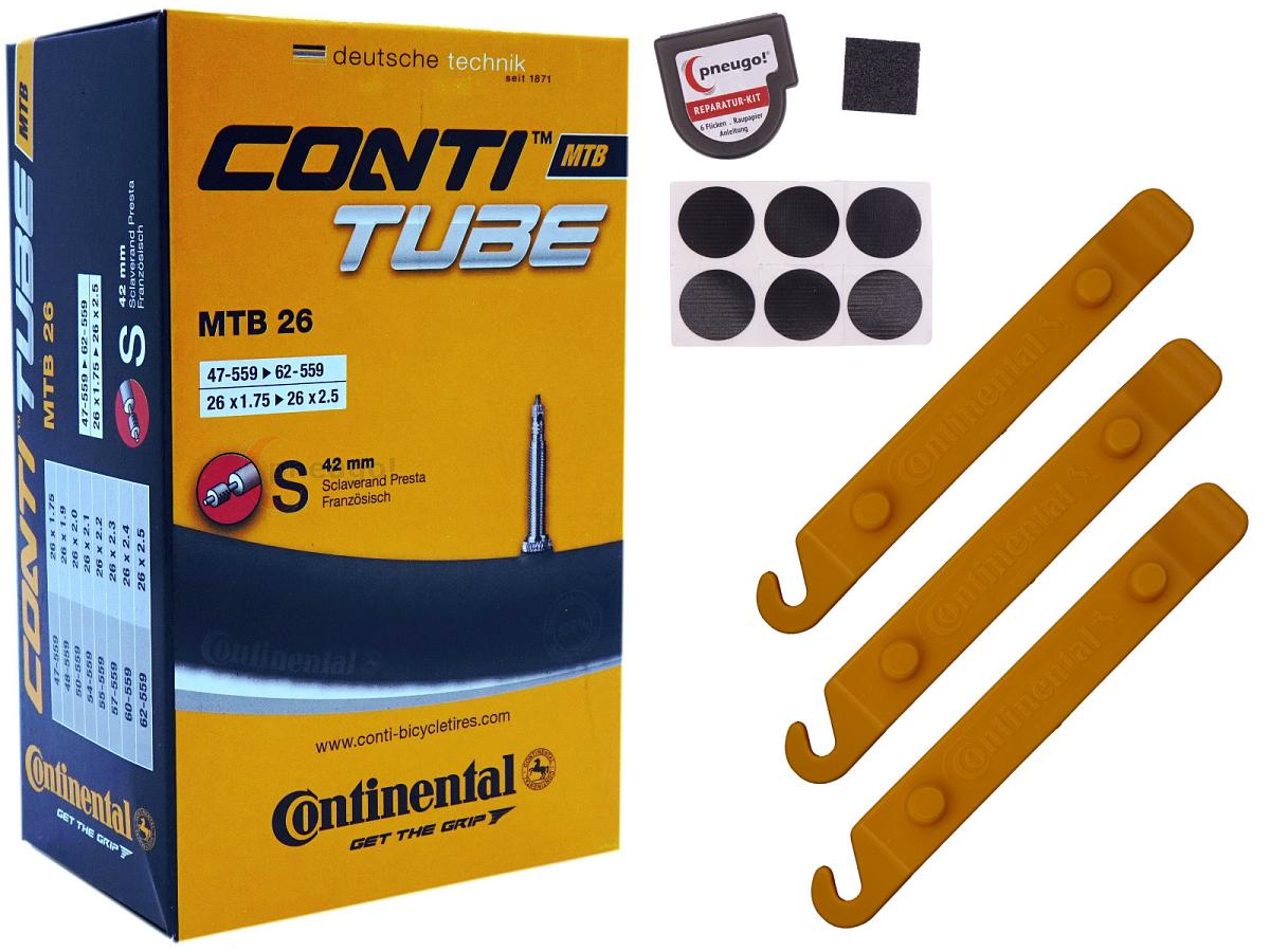 1x Fahrradschlauch Continental MTB 26 26 Zoll  Sclaverand-Ventil 42mm +3x Conti Reifenheber +pneugo! Reparatur-Kit