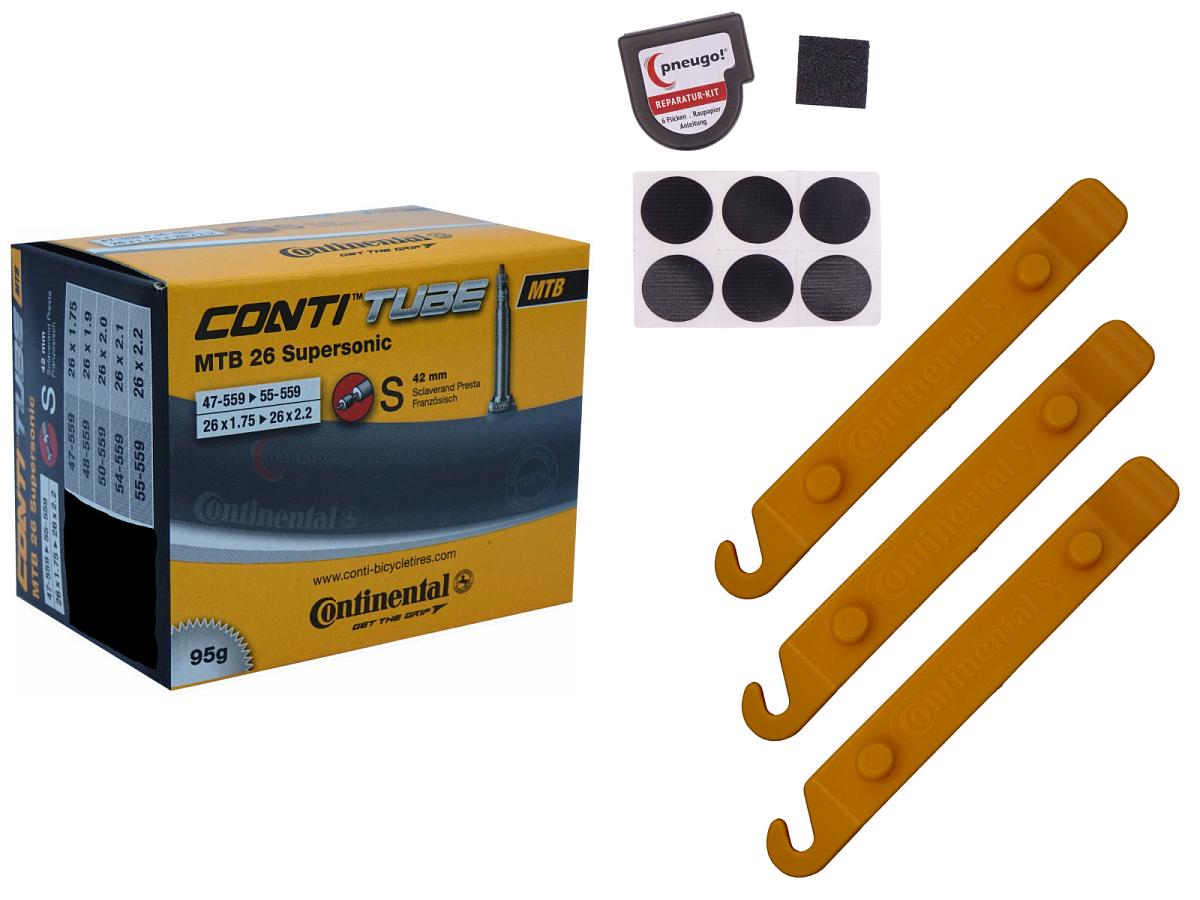 1x Fahrradschlauch Continental MTB 26 Supersonic 26 Zoll 47-559/55-559 Sclaverand-Ventil 42mm +3x Conti Reifenheber +pneugo! Reparatur-Kit