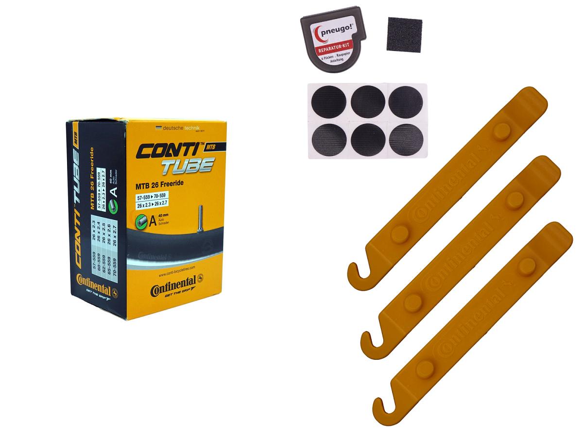 1x Fahrradschlauch Continental MTB 26 Freeride 26 Zoll 57-559/70-559 Auto-Ventil 40mm +3x Conti Reifenheber +pneugo! Reparatur-Kit