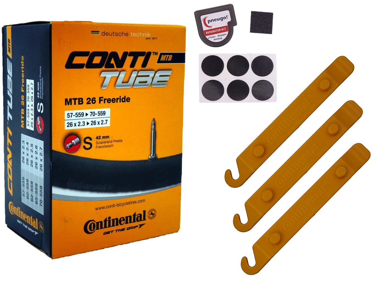 1x Fahrradschlauch Continental MTB 26 Freeride 26 Zoll 57-559/70-559 Sclaverand-Ventil 42mm +3x Conti Reifenheber +pneugo! Reparatur-Kit