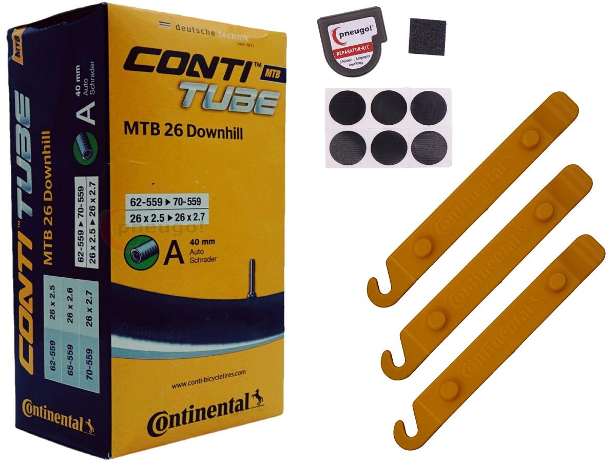 1x Fahrradschlauch Continental MTB 26 Downhill 26 Zoll 62-559/70-559 Auto-Ventil 40mm +3x Conti Reifenheber +pneugo! Reparatur-Kit