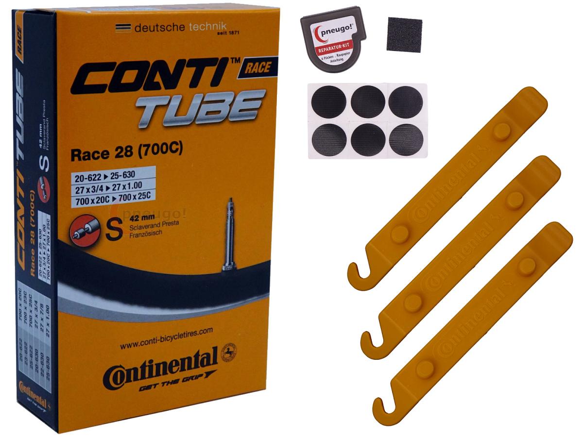 1x Fahrradschlauch Continental Race 28 28 Zoll 20-622/25-630 Sclaverand-Ventil 42mm +3x Conti Reifenheber +pneugo! Reparatur-Kit