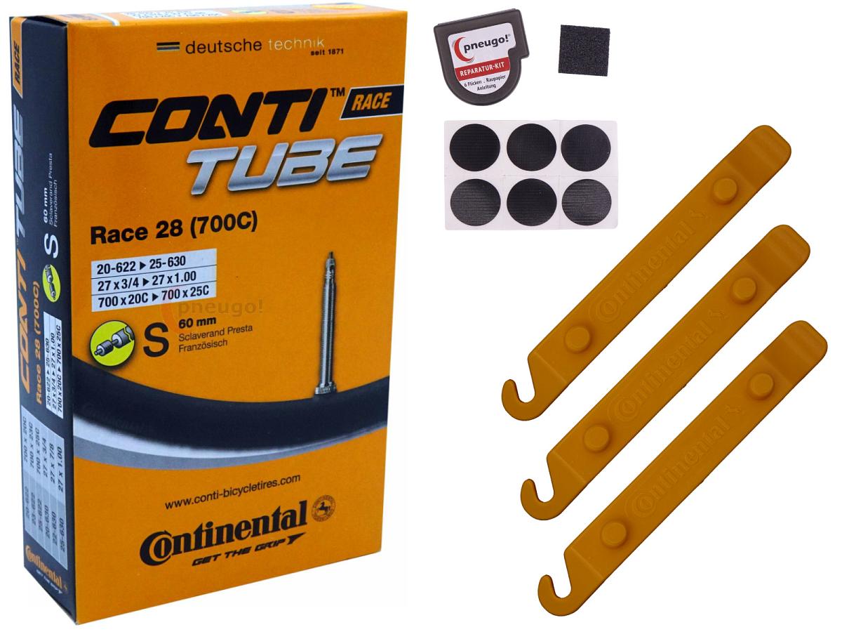 1x Fahrradschlauch Continental Race 28 28 Zoll 20-622/25-630 Sclaverand-Ventil 60mm +3x Conti Reifenheber +pneugo! Reparatur-Kit