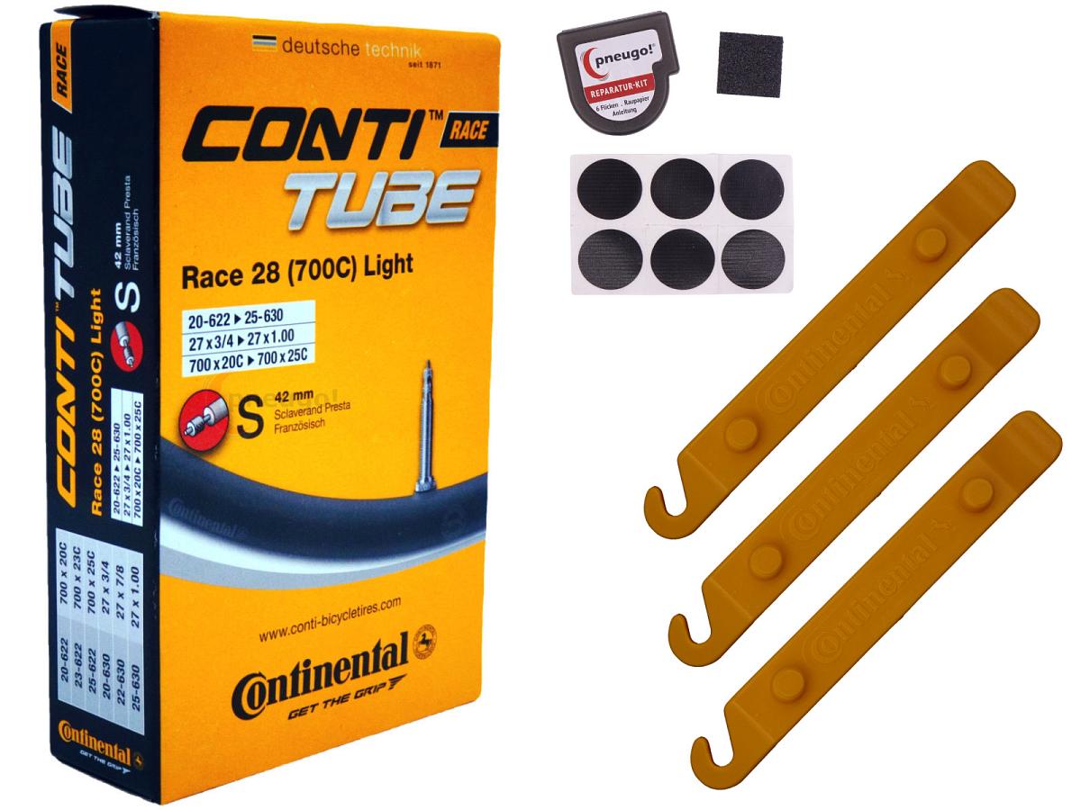 1x Fahrradschlauch Continental Race 28 Light 28 Zoll 20-622/25-630 Sclaverand-Ventil 42mm +3x Conti Reifenheber +pneugo! Reparatur-Kit